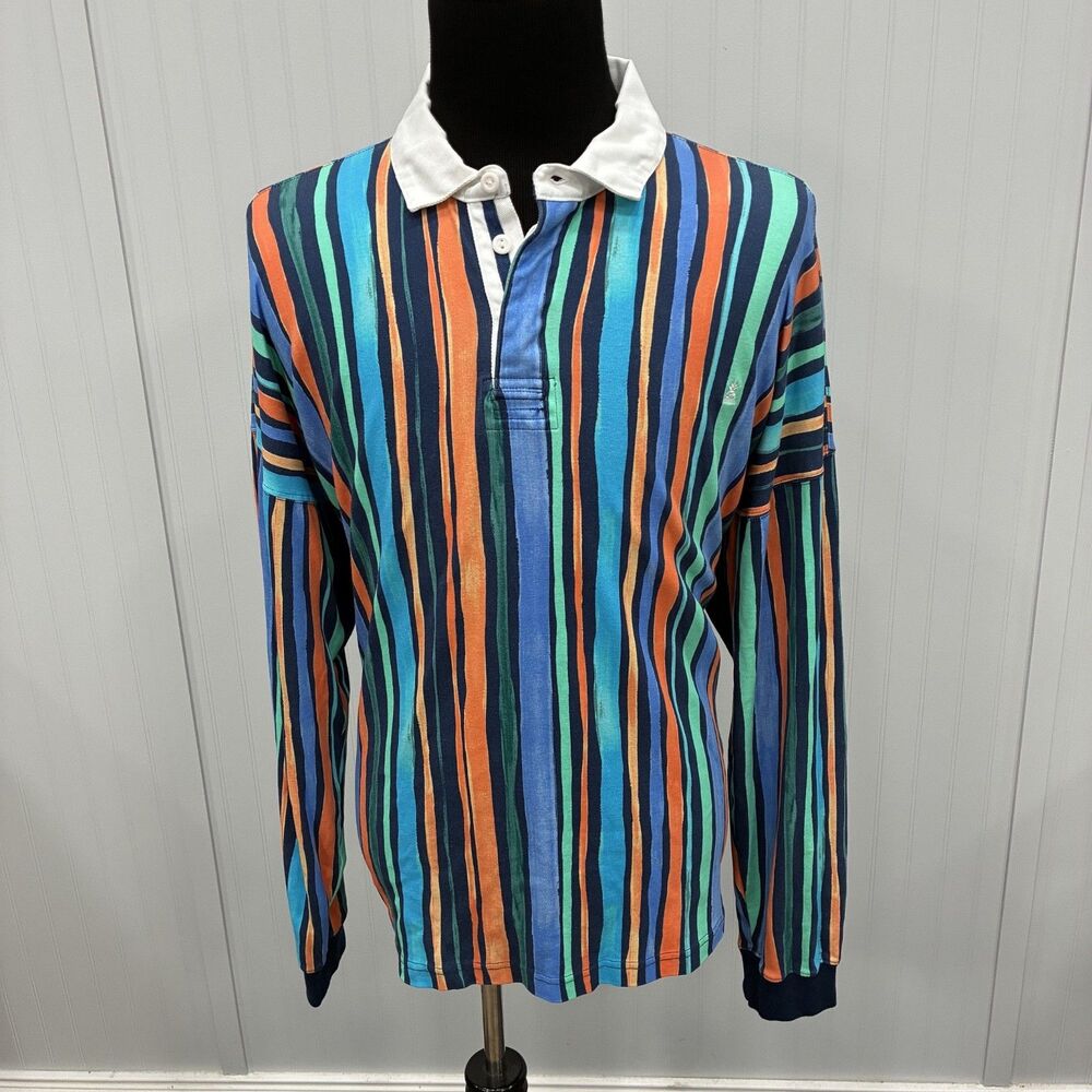 Chubbies Men's Rugby Polo Shirt XXL Blue Orange Green Striped Long Sleeve Cotton